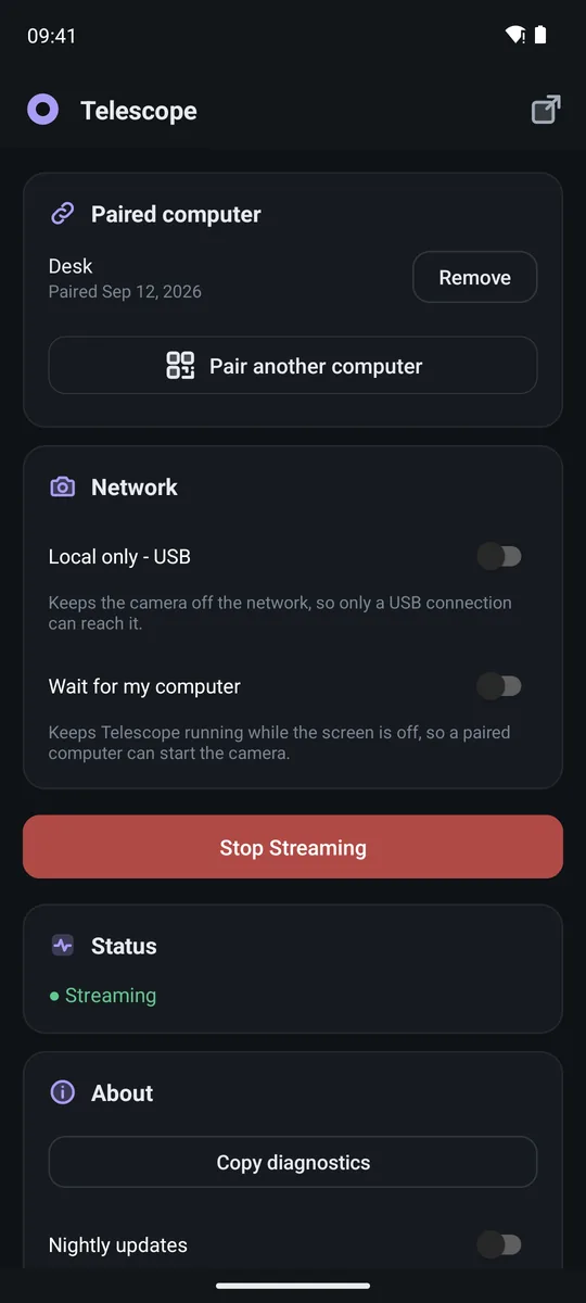 The Telescope phone app while it streams